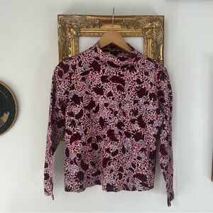 Ann Taylor Burgundy and White Floral Long Sleeve Mock Neck Shirt